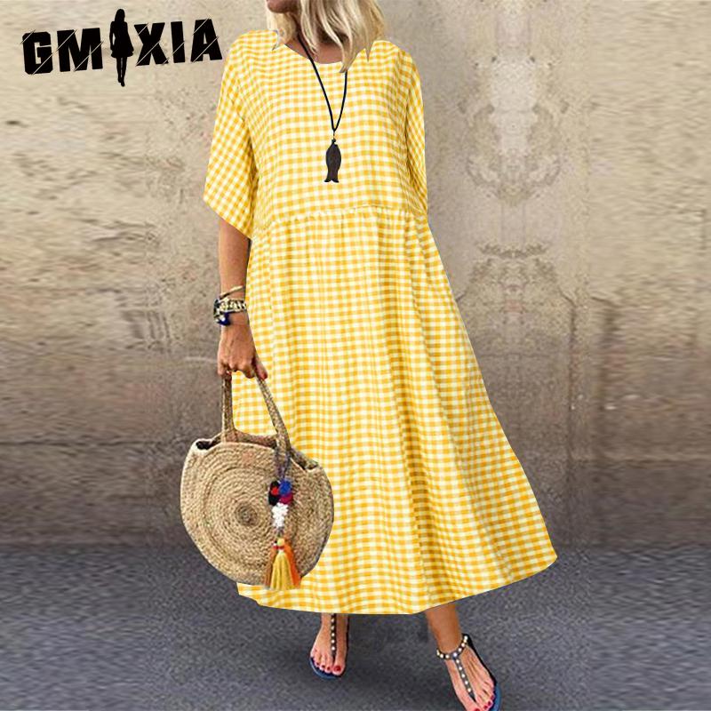 

GMXIA Женские модные летние весенние повседневные платья с короткими рукавами и круглым вырезом XXXXL жёлтый