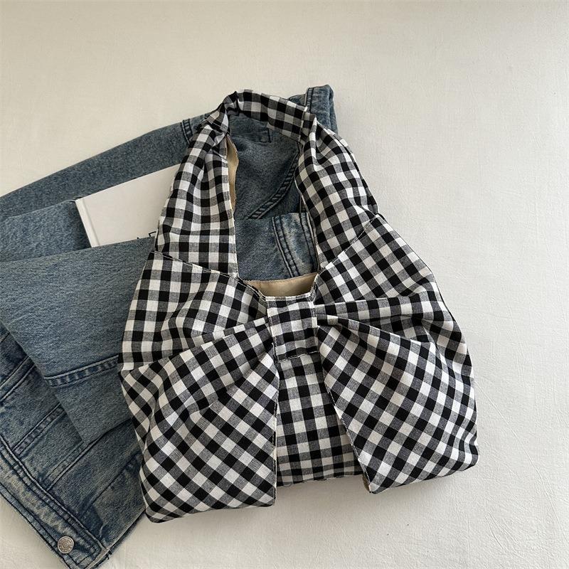 Summer Vintage Plaid Vest Bag Large Capacity Shoulder Bag Lightweight Shopping Bag Versatile Canvas Bag Female Student