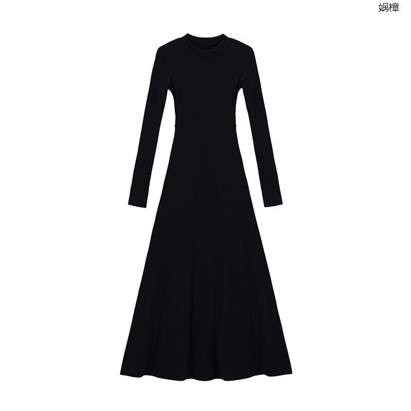 Spring Autumn Round Neck Elegant Fashion Black A-line Dress Women Long Sleeve Temperament Slim Robe Vestidos