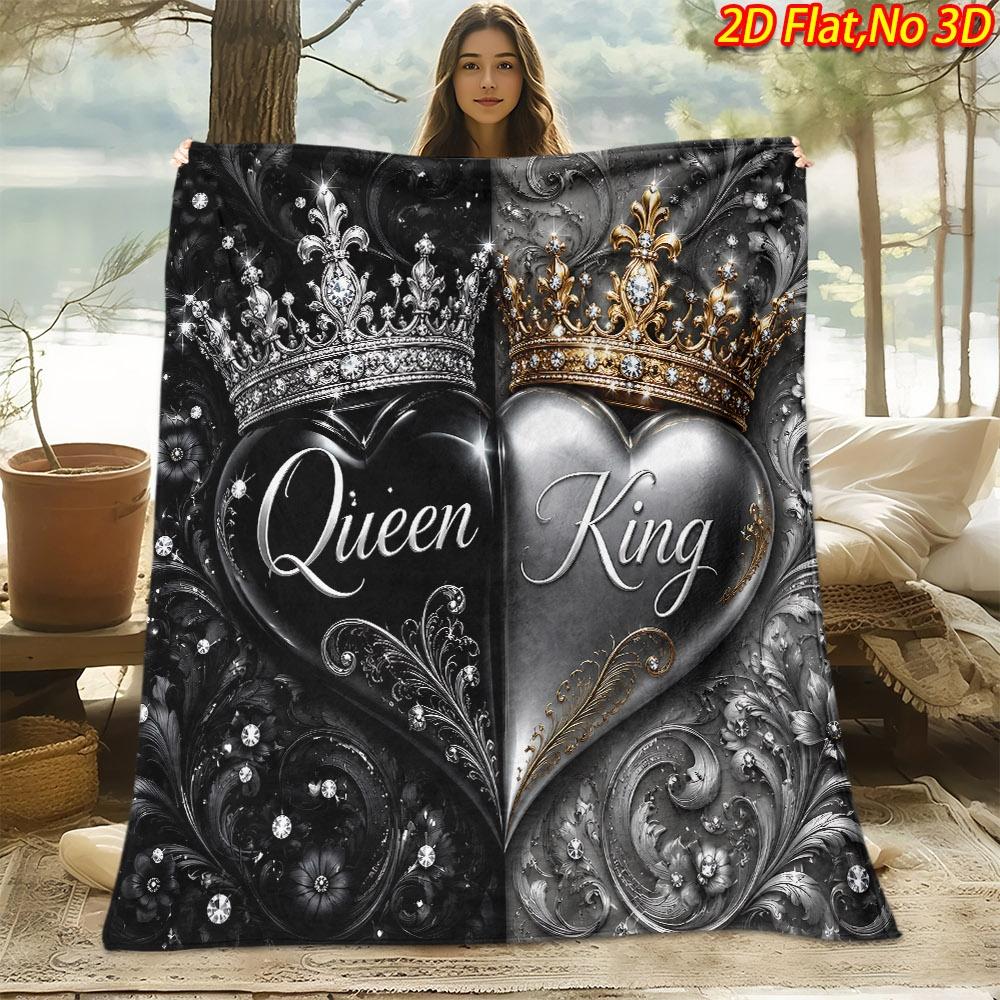 1pc 2D Flat Printing Spring And Summer New Arrival Black Silver Golden Crown Heart "Queen King" Theme Digital Print Blanket, All-Season Use, Casual Th