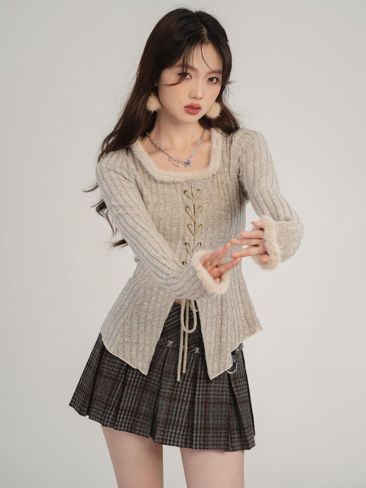 Bandáž Stahovací šňůrka Pletený Cardigan Ženy Podzim Zima Vintage Split Cardigans Korejská móda Y2k Svetry Spodní část Košile Top