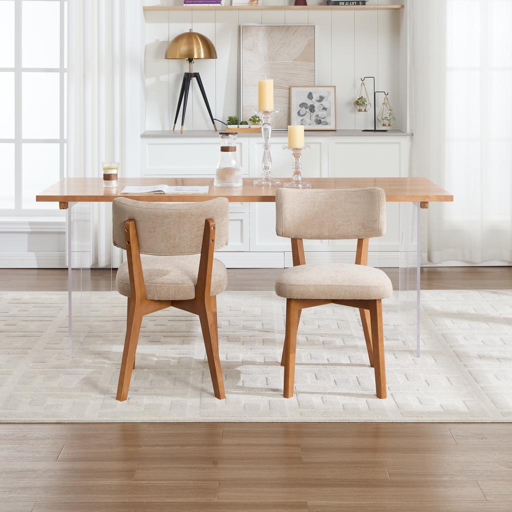 Modern Mid-Century Style Dining Chair Set of 2, Solid Wood Legs Fabric Padded Seat for Kitchen, Dining Room or Office (Khaki-colored Linen Fabric)