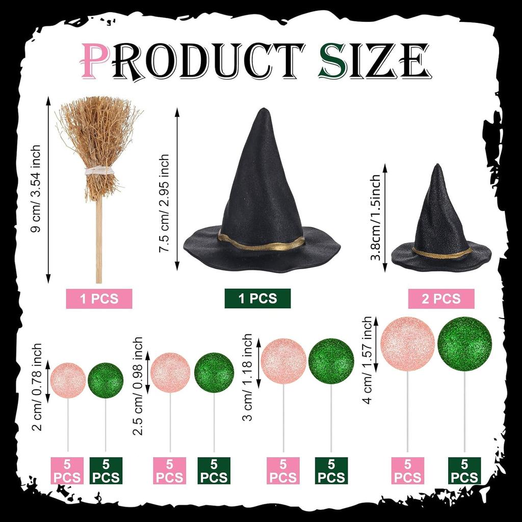 44pcs Witch Cake Toppers Set, Witch Hat & Broom Cupcake Decorations, Green Pink Balloons for Halloween Birthday Cake Decor