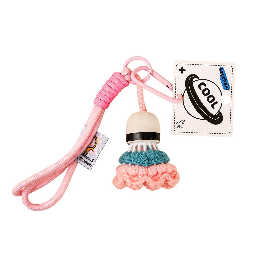 Cute Crochet Badminton Keychain, Handmade Shuttlecock Bag Charm with Braided Rope Clip