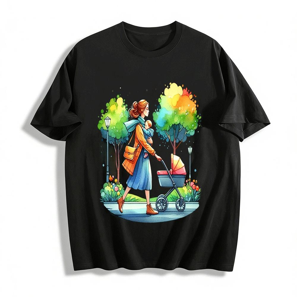 Watercolor Mom Holding Baby Stroller Print Casual Top Pure cotton T-shirt XXS