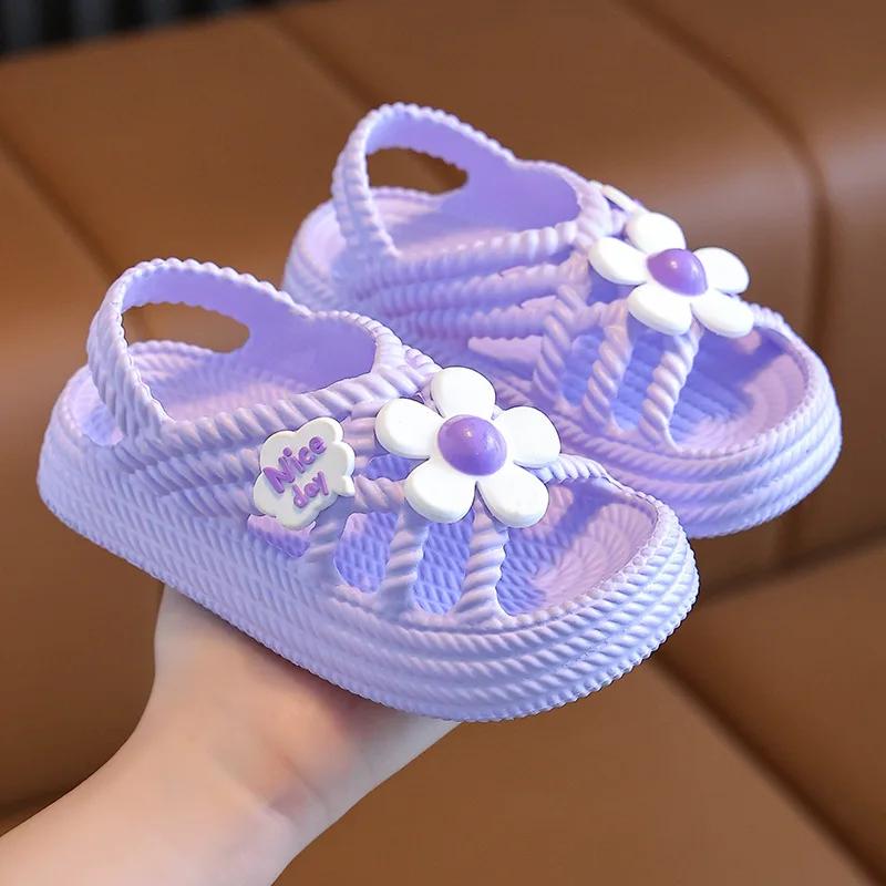 Summer Children Slippers Flower Pattern Lithe Comfort Sandal For Aged 2-8 Girls Non-slip Seabeach Flip Flops Home Kids Shoes 24-25(inner 15.5cm)