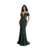 Green one-word shoulder fishtail beads banquet high-end catwalk performance host evening dress dress female LA11111A