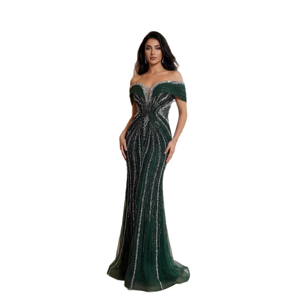 Green one-word shoulder fishtail beads banquet high-end catwalk performance host evening dress dress female LA11111A