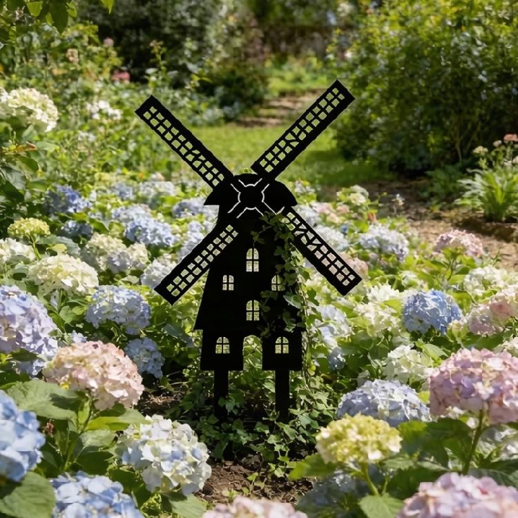 Balcony Pot Display Metal Garden Stake Plaque, Black Mill House Shape Yard Accent with Two Prongs for Flower Section Edges and Outdoor Placement