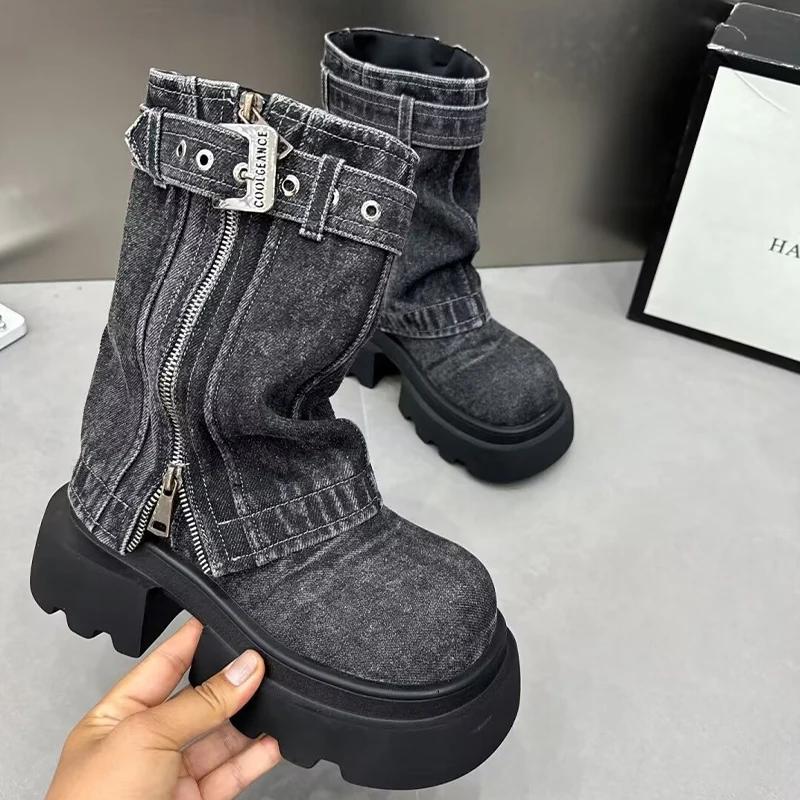 Women Cowboy Mid-calf Boots Zipper Platform Mid Heels Designer Shoes Winter New Motorcycle Boots 2025