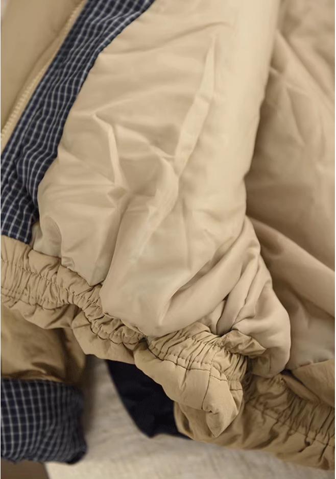 Korean Style Quilted Hooded Jacket with Plaid Lining and Large Pockets – Warm Cotton Bread Coat