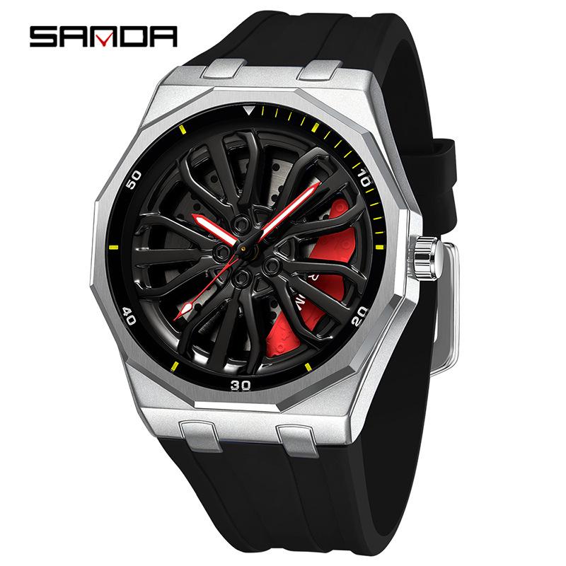 Sanda Men's Waterproof Alloy Car Wheel Design Silicone Wristwatch