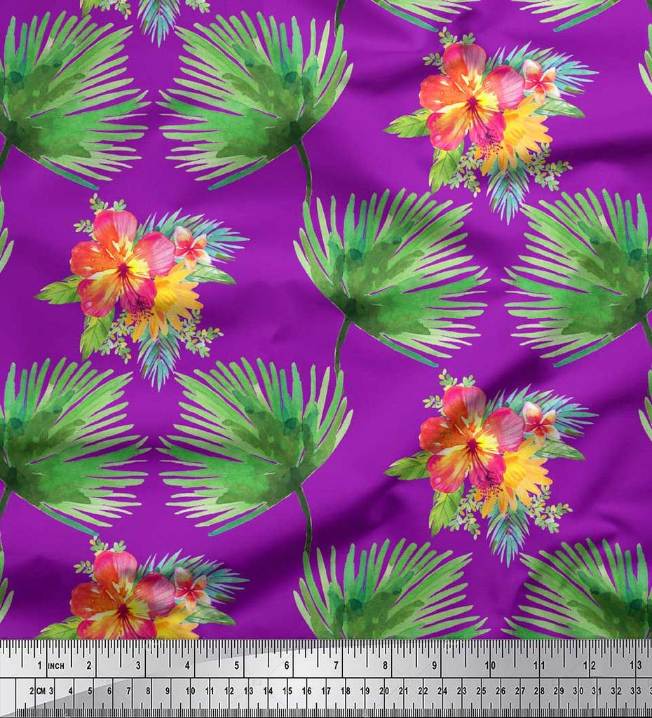 Soimoi Red Poly Crepe Fabric Leaves & Floral Decor Fabric Printed By the Metre 42 Inch