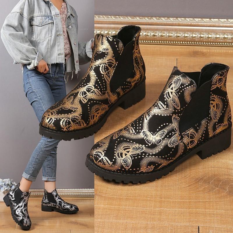 Printed Butterfly Casual Women's Boots 2024 New Square Heel Elastic Hoops, Large Size Short Sleeve Fashion Boots