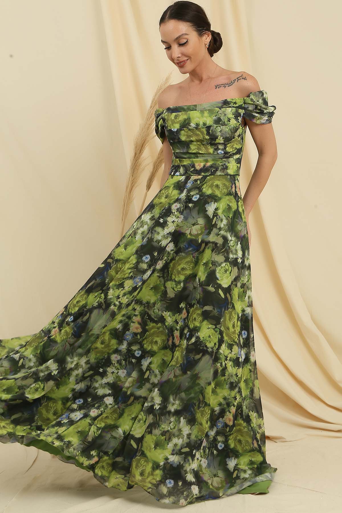 

Длинное шифоновое платье Madonna с воротником спереди и драпировкой на подкладке с цветочным узором M бирюзовый зеленый