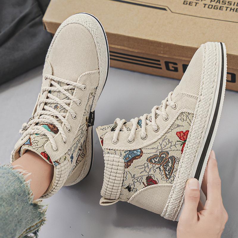 High-top Canvas Men's Shoes Autumn and Winter Breathable Corduroy Lasagna Linen Shoes Sports and Leisure Heightening Board Shoes Trendy Shoes