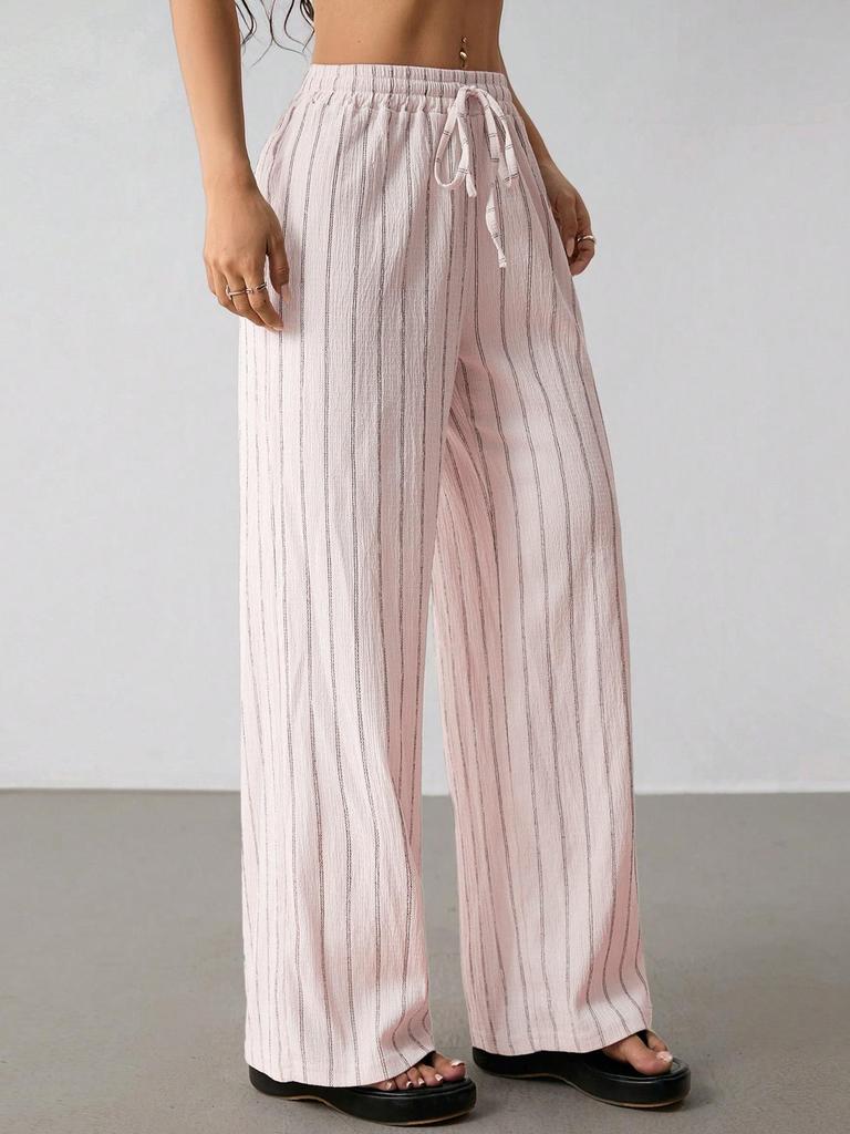 Women Striped Drawstring Waist Wide Leg Pants Loose Fit Casual Trousers