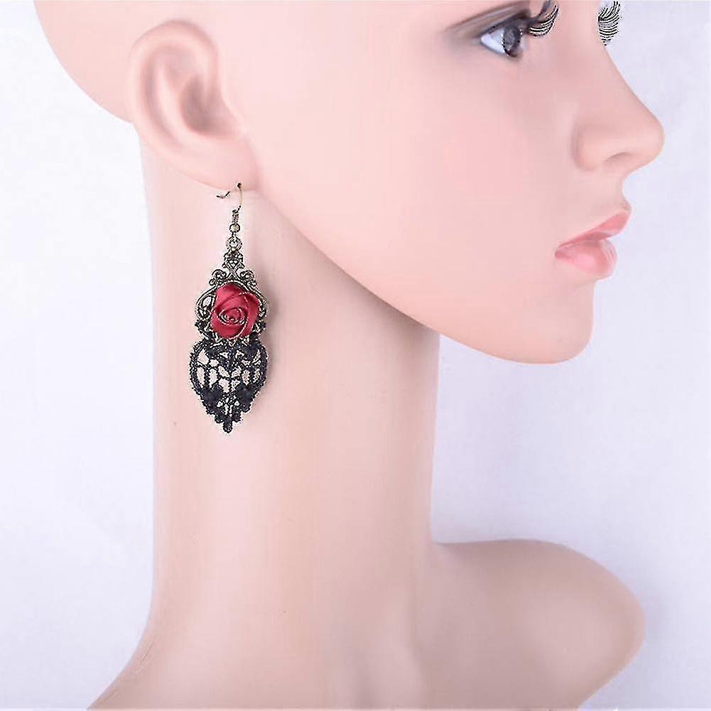 Halloween Vintage Gothic Vampire Red Rose Flower Lace Drop Dangle Hook Earrings