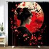 Japanese Geisha Shower Curtain Black and Red Plum Blossoms Sun Asian Traditional Oriental Costume Japan Girl Woman Spring