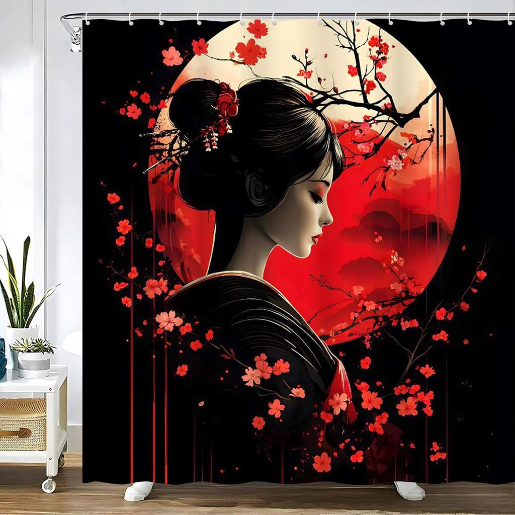 Japanese Geisha Shower Curtain Black and Red Plum Blossoms Sun Asian Traditional Oriental Costume Japan Girl Woman Spring