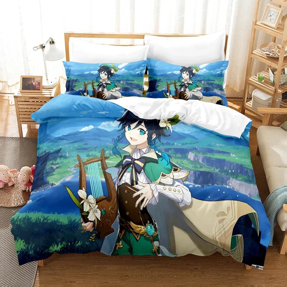 3D Printed Genshin Impact Bedding Set Winter Warm Polyester Quilt Cover Cartoon Game Design 3PCS