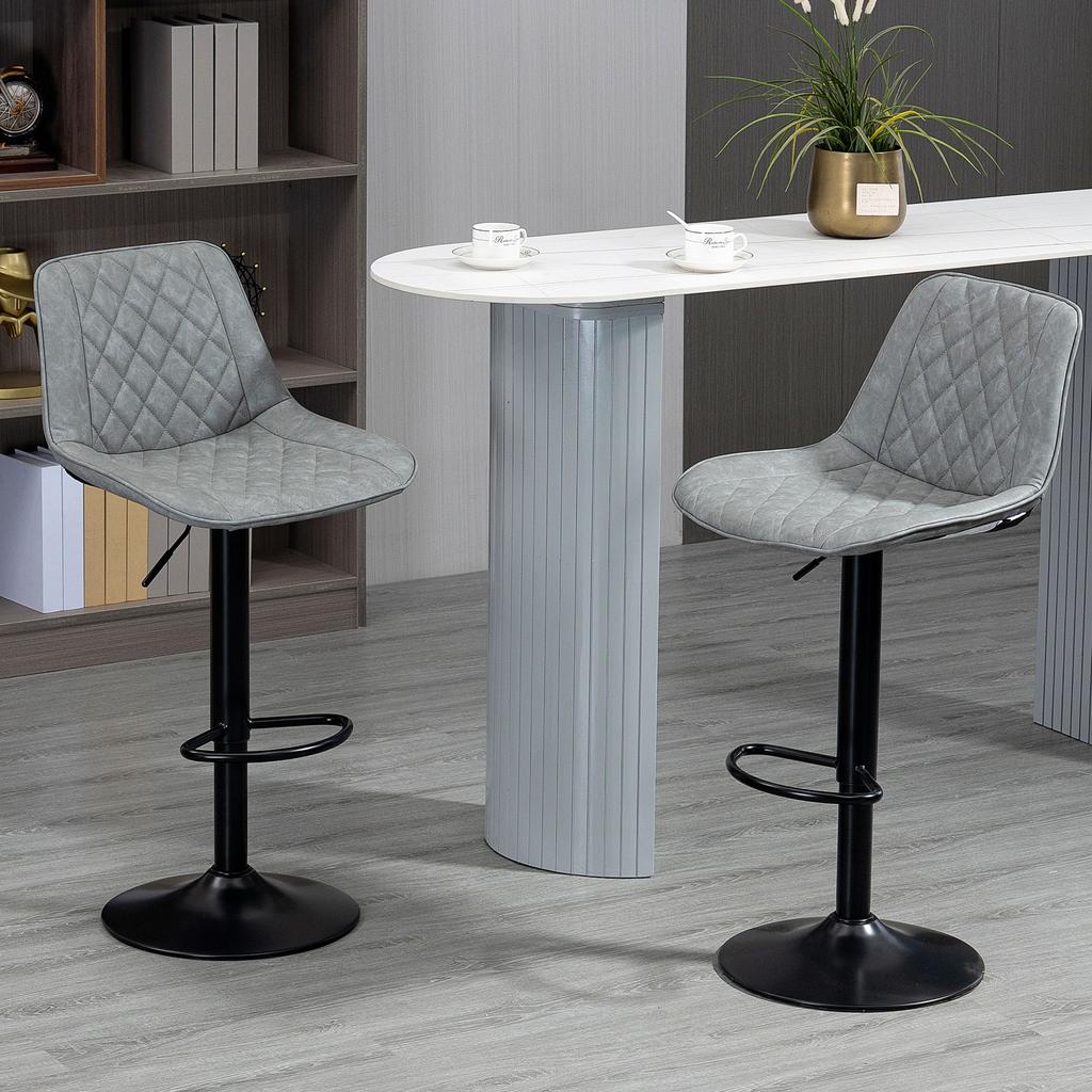 Set Of 2 Swivel Bar Stools Adjustable Height 86 106 Cm Upholstered In Synthetic Leather Backrest And Footrest Gray