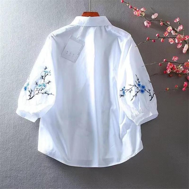 White Embroidered Shirt Women Blouse Pure Cotton For Women Summer Loose Pullover Casual Literary Lantern Sleeve Female Shirt