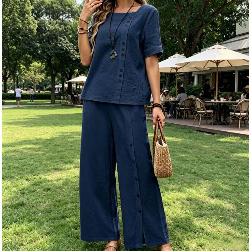 Fashion Casual Loose Two-piece Short-sleeved Top and Loose Wide-leg Pants for Women
