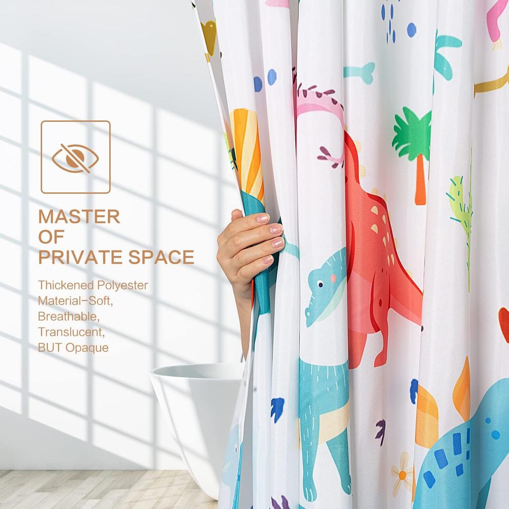 Shower Curtain Kids, Cartoon Dinosaur Shower Curtain Colorful Animals Plants For Boys Girls Polyester Fabric Waterproof Shower C