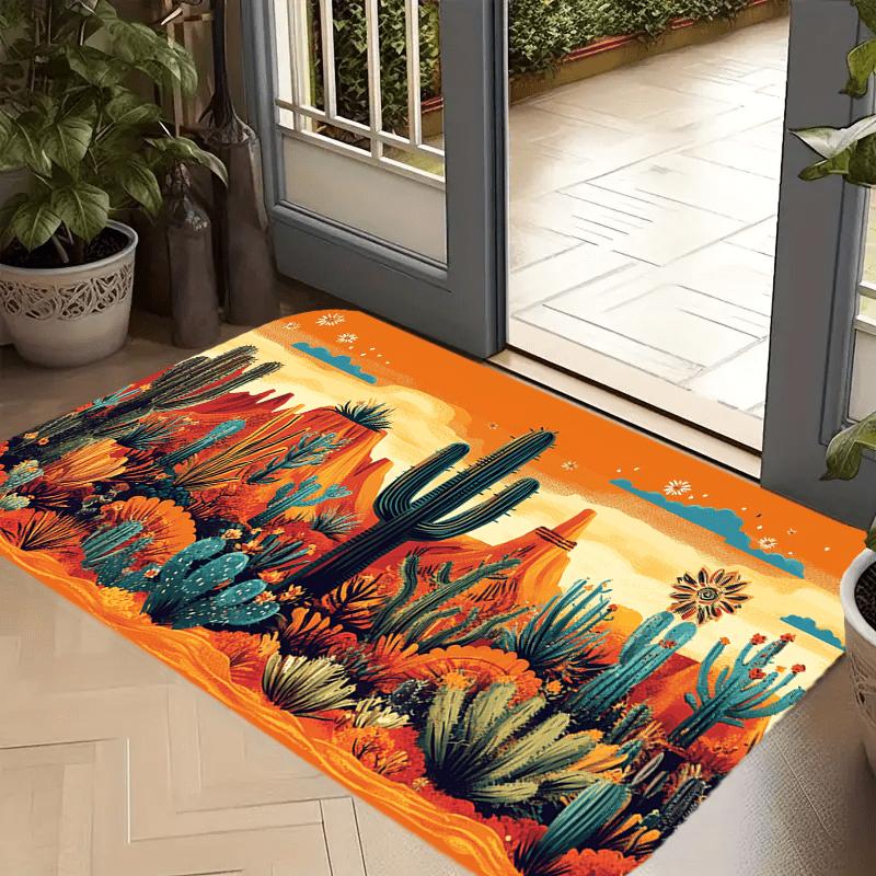 Southwest Cactus Doormat - Vibrant Tribal Polyester Entryway Rug, Non-Slip Indoor Outdoor Welcome Mat for Modern Home Decor