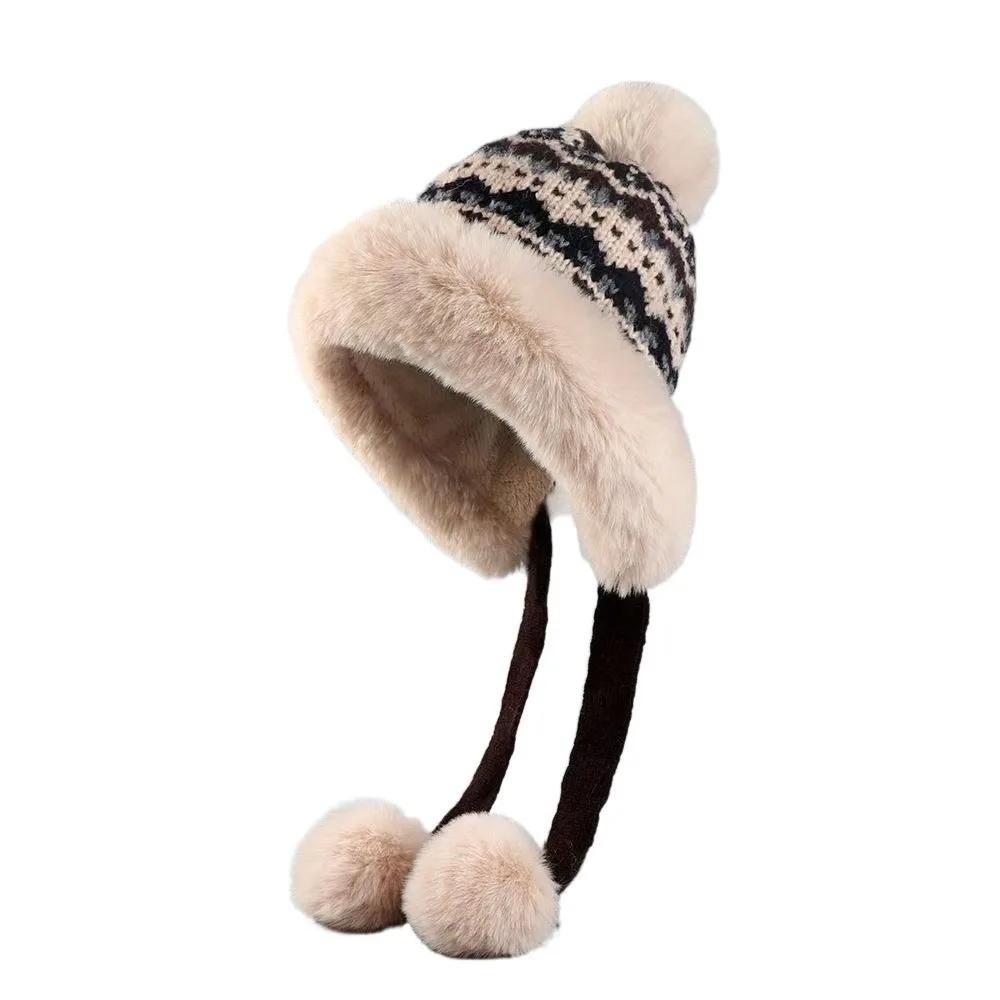 Fashion Thick Knitted Plush Hat Warm Ball Ear Protection Hat Windproof Ethnic Style Pullover Beanie Hat Girls