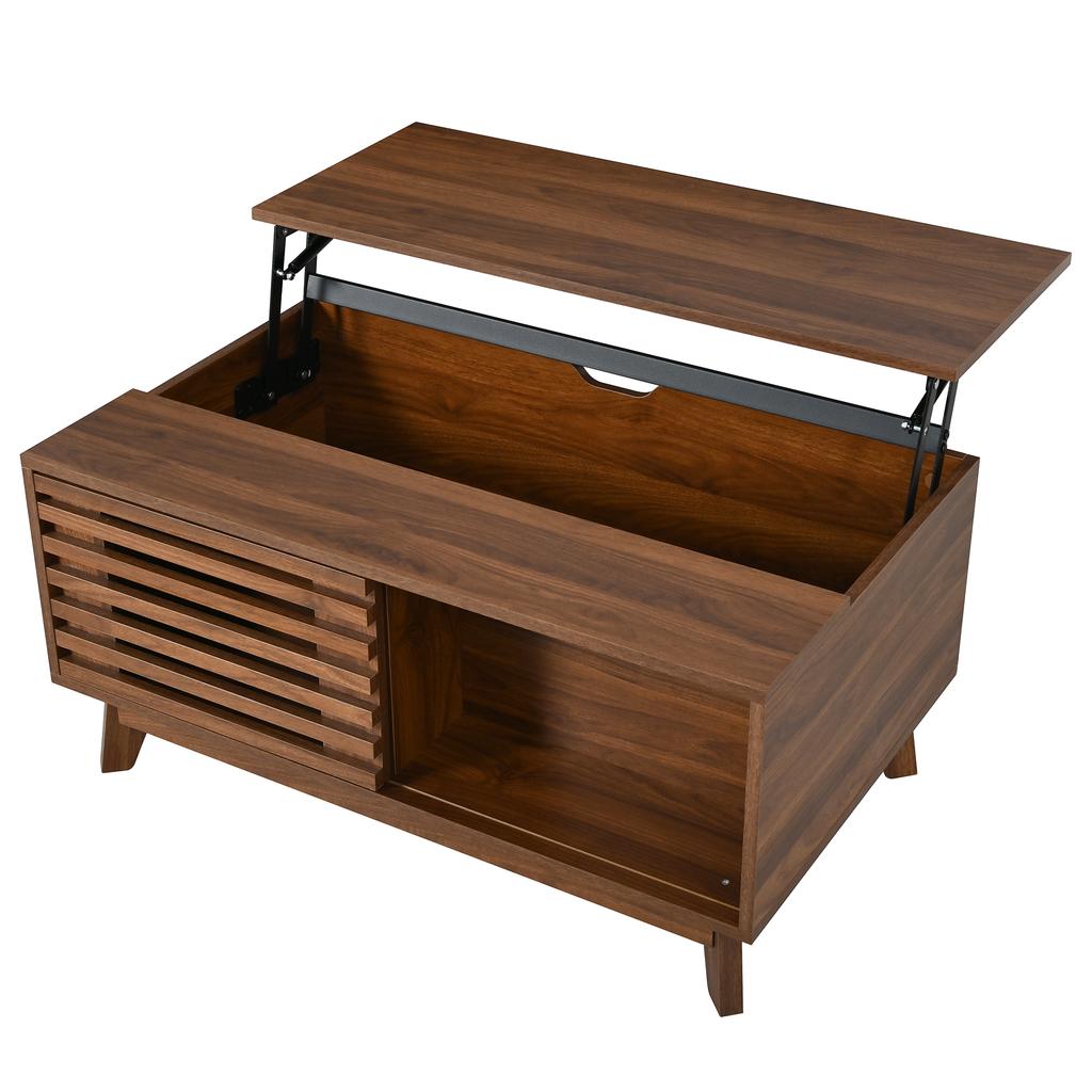 Coffee Table Modern Retro, Height-Adjustable Tabletop, Sliding Louvre Door, Walnut Look, MDF Body, Multifunctional Living Room Table