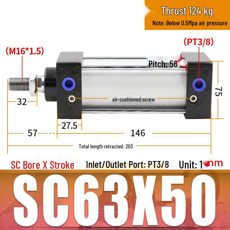 SC63 High Thrust Small Pneumatic Cylinder, Model SC40/50/80/100*125X150X200X500-S