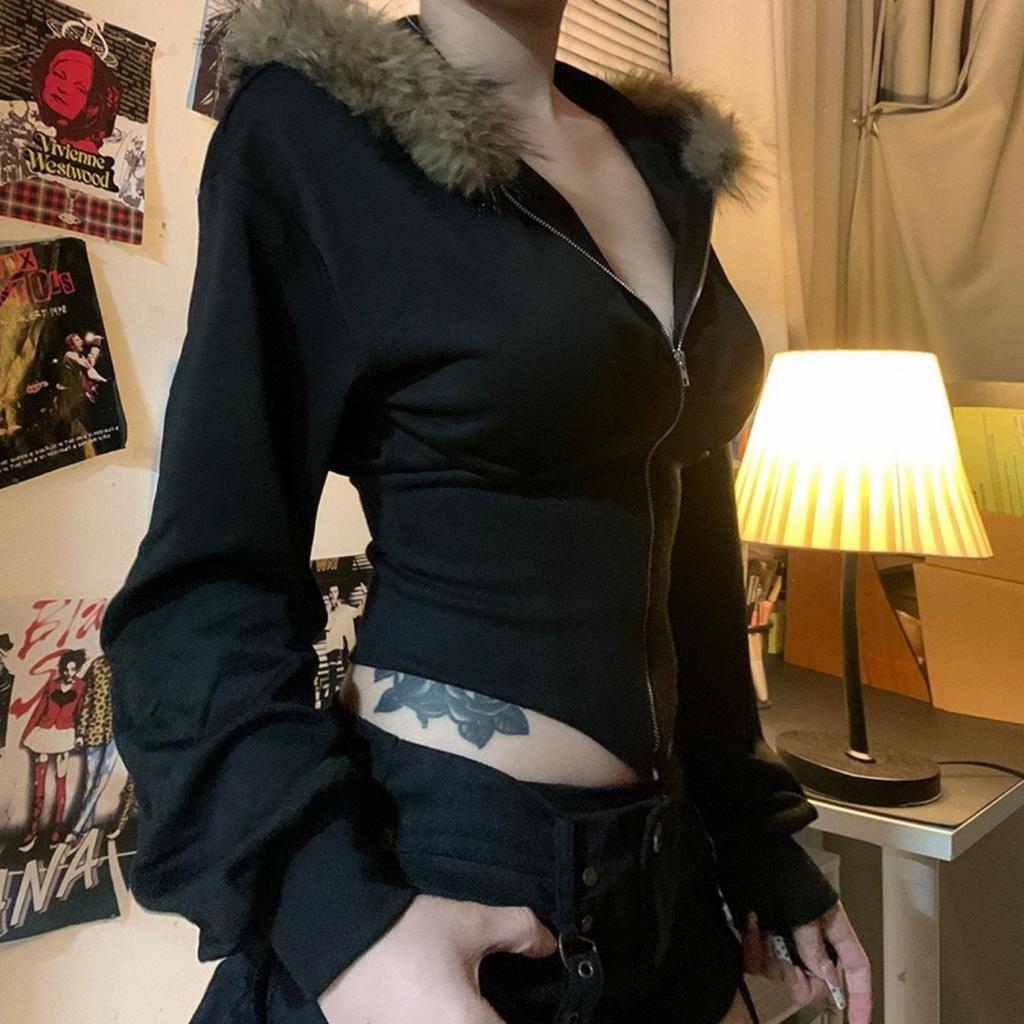 VAYLA Zip Up Fur Neck Hoodie Coats Fashion Slim Solid Y2K Vintage Women's Jackets Casual Streetwear Chic Basics Clothes