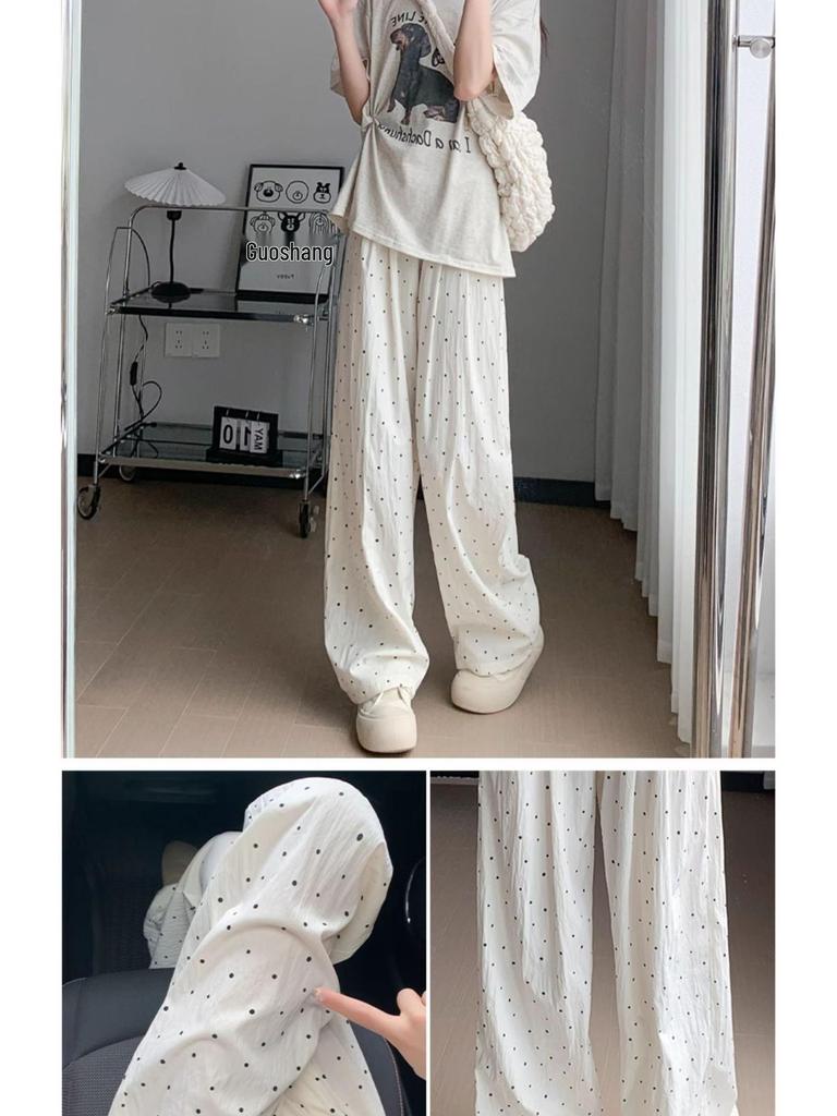 Women's Summer Polka Dot Ice Silk High Waist Wide Leg Pants - White, 2025 Collection