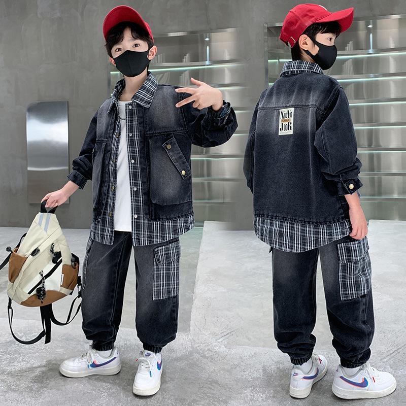 

Модный клетчатый джинсовый комплект для мальчиков: Весна/Осень Корейский стиль 2025, Эффект двойки для детей среднего и старшего возраста 160