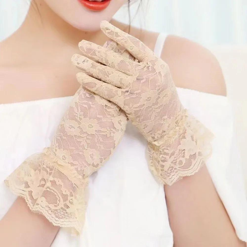 Guanti da Donna in Rete Sottile e Pizzo, Guanti alla Moda con Volant a Dita Intere per Protezione UV da Guida, Traspiranti e Resistenti al Sole, Accessori per le Mani