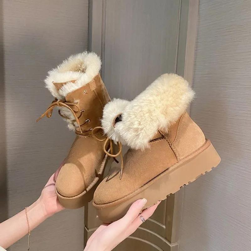 Fashion New Retro Winter Cow Suede Warm Snow Boots Handmade Women's Cute Round Head Thick Bottom with Suede Warm Cotton Boots Size 40
