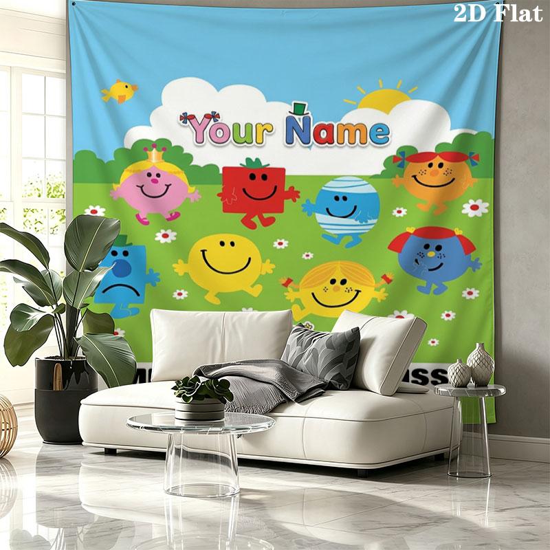 Mr. Men Little Miss Custom Name Wall Tapestry Aesthetic Wall Hanging Printed Fabric Blanket Decorative Tapestries for Bedroom Living Room Home Decor
