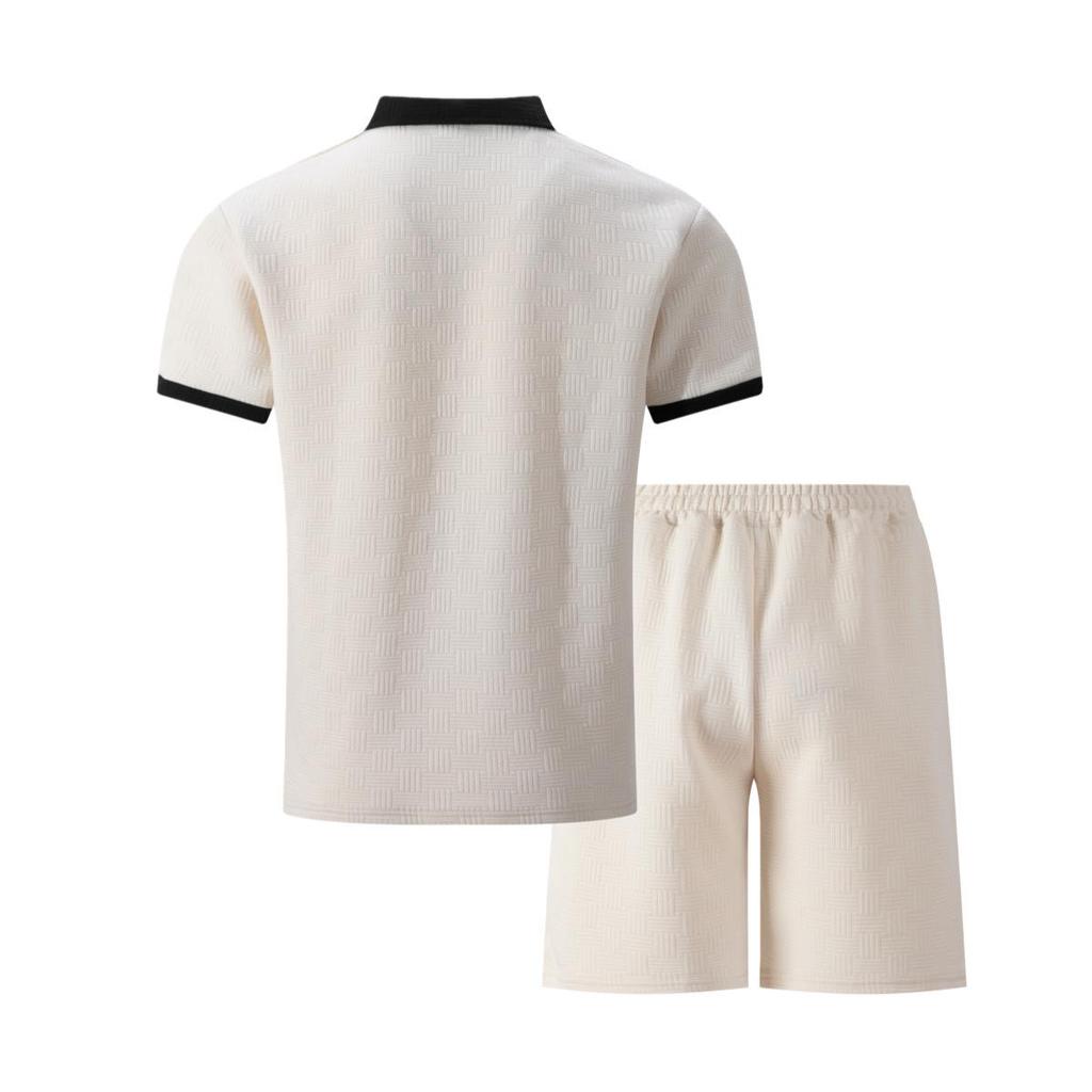 Men's Spring Jacquard Lapel Polo Shirt & Color Block Short Pants Set - Mature Casual Style