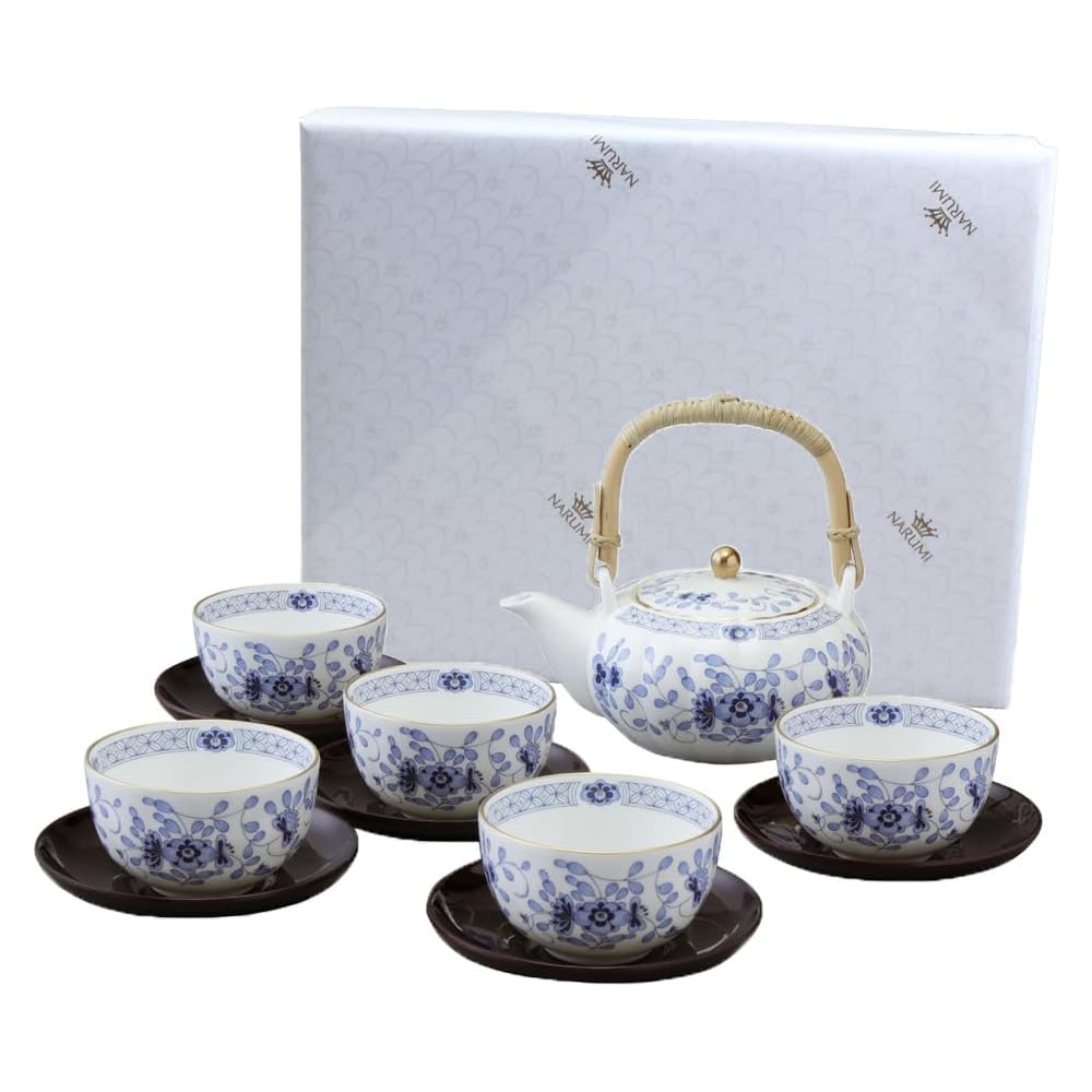 Narumi Milano Blue Teapot and Cup Set 11 Pieces Floral Design Japanese Ceramic Tea Set