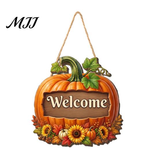 Thanksgiving Holiday Decoration Autumn Pumpkin Gnome Welcome Sign for Front Door, Rustic Wood Hanging Durable Solid Plaque Ornament with Hemp