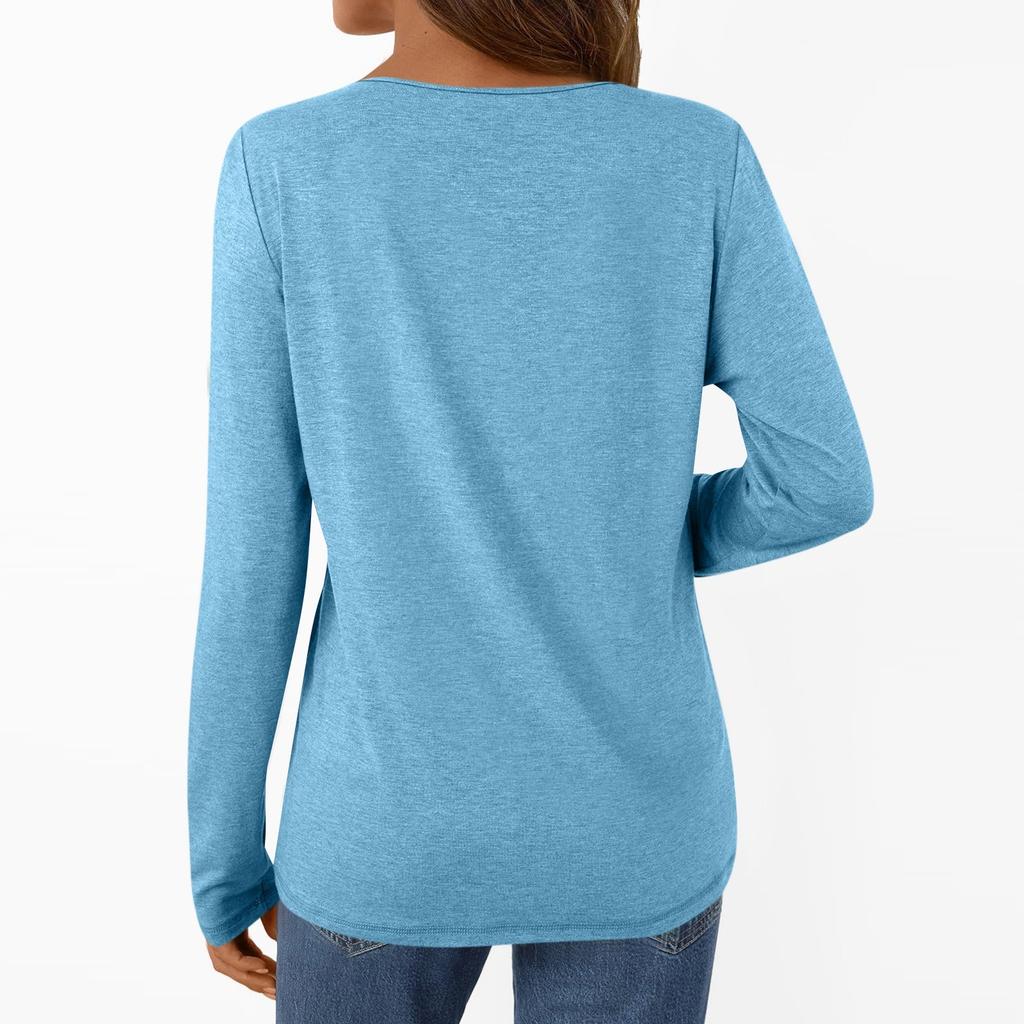Women's Casual Fashion Brushed Color Long-sleeved V-neck Top T-shirt
