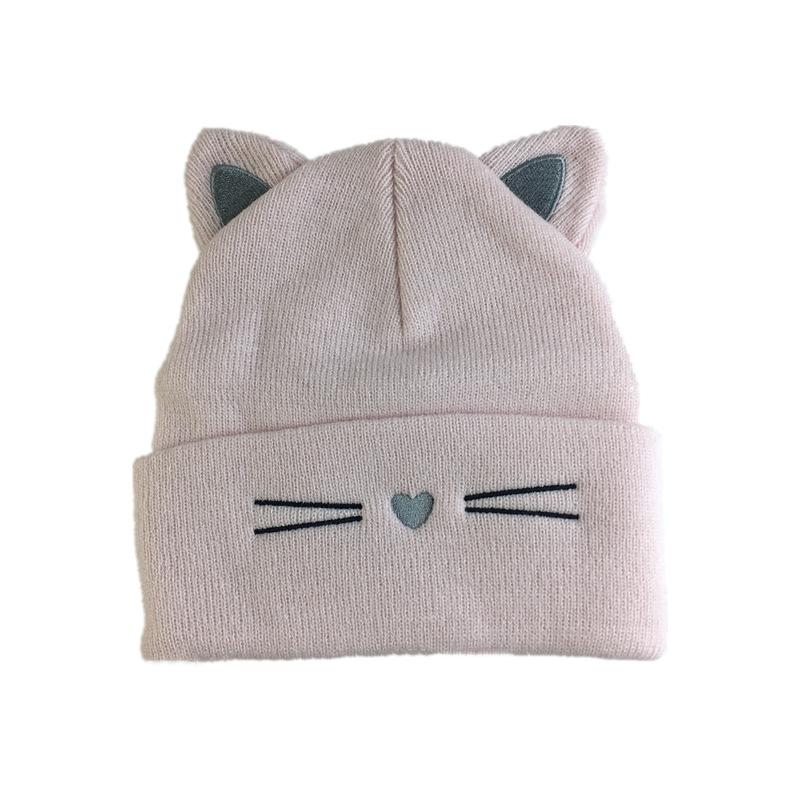 Cute Cat Ear Embroidered Knit Beanie - Women's Warm Winter Hat