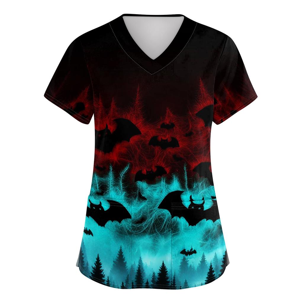 Womens V Neck Halloween Print Short Sleeve Scrub Top with Pocket Side Slit Medical Uniform Shirt for Healthcare Professionals