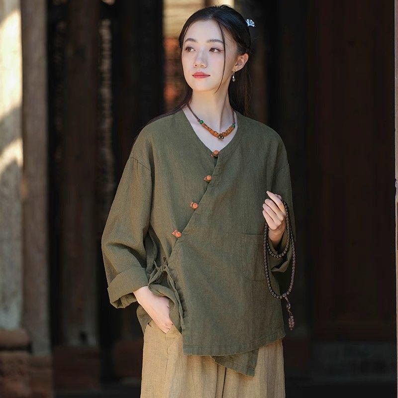 Chinese Zen Artistic Retro Cotton Linen Long Sleeve Shirt - 2025 Spring Autumn Collection: Versatile Loose Slimming Women's Wear