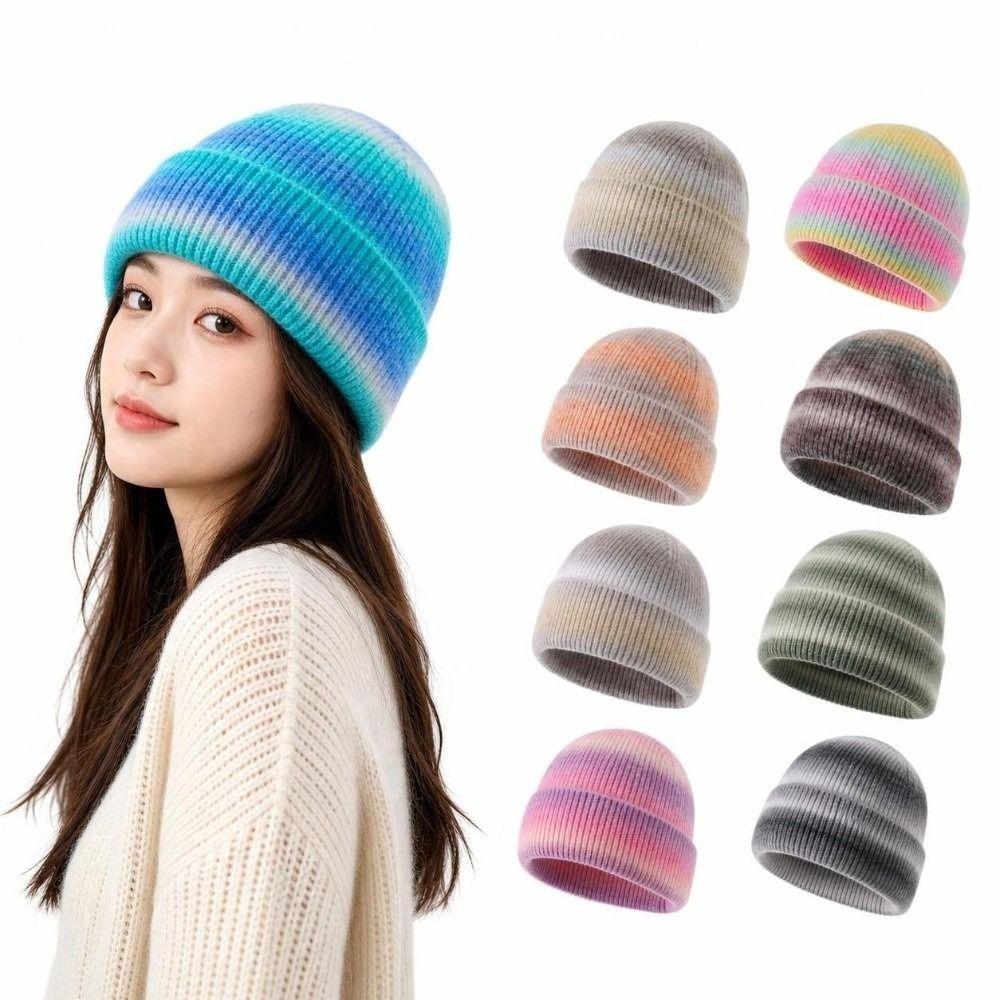 Gradient Color Knitted Beanie Hat Windproof Pullover Hat Trendy Warm Winter Cap Autumn Winter