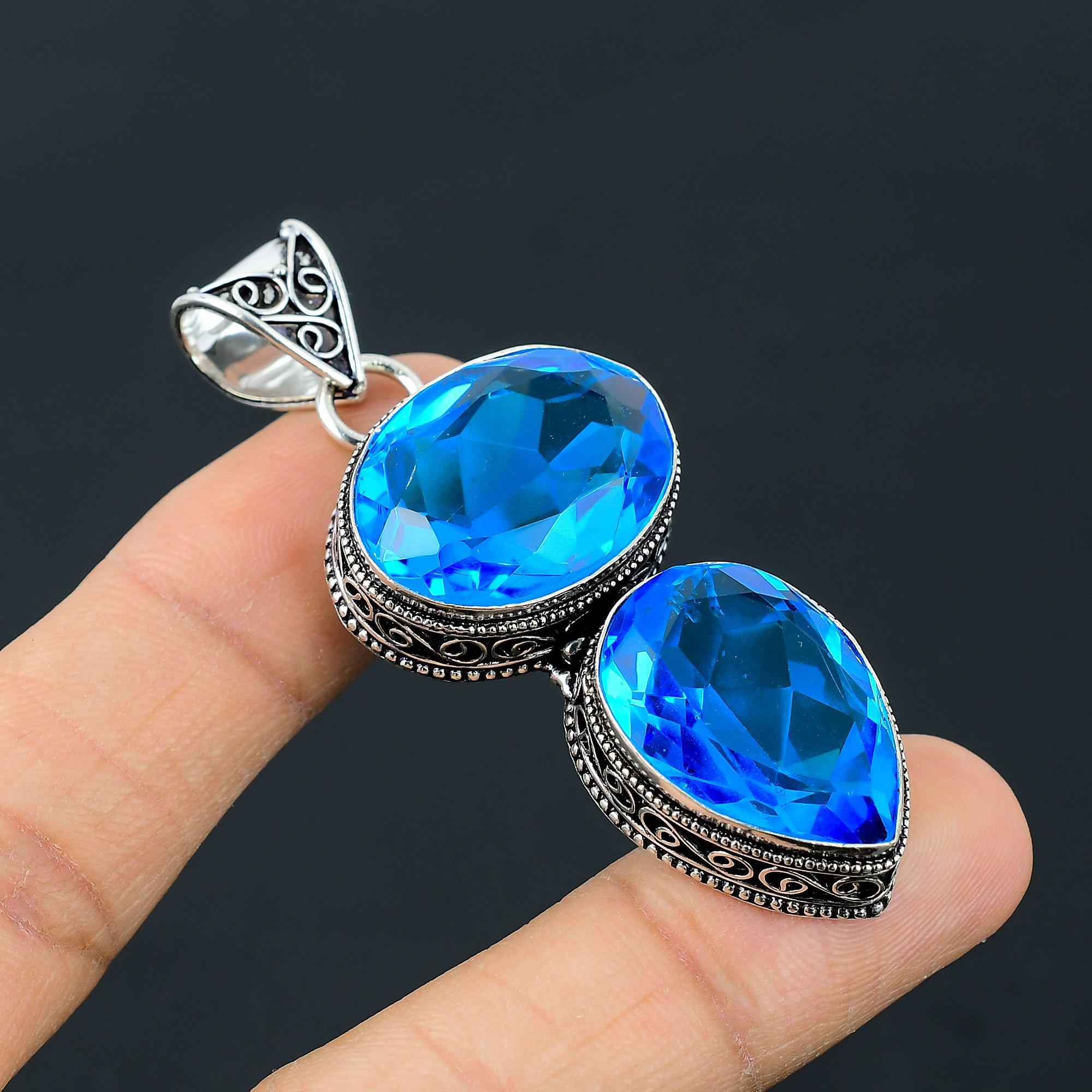 

Швейцарский синий топаз, драгоценный камень, стерлинговое серебро 925 пробы, подарочная ювелирная подвеска 2,29 дюйма