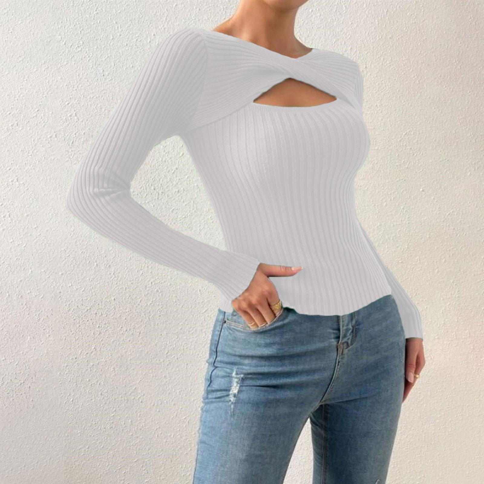 

Жіночий модний повсякденний однотонний светр з довгим рукавом, тонкий светр, пуловер XL білий