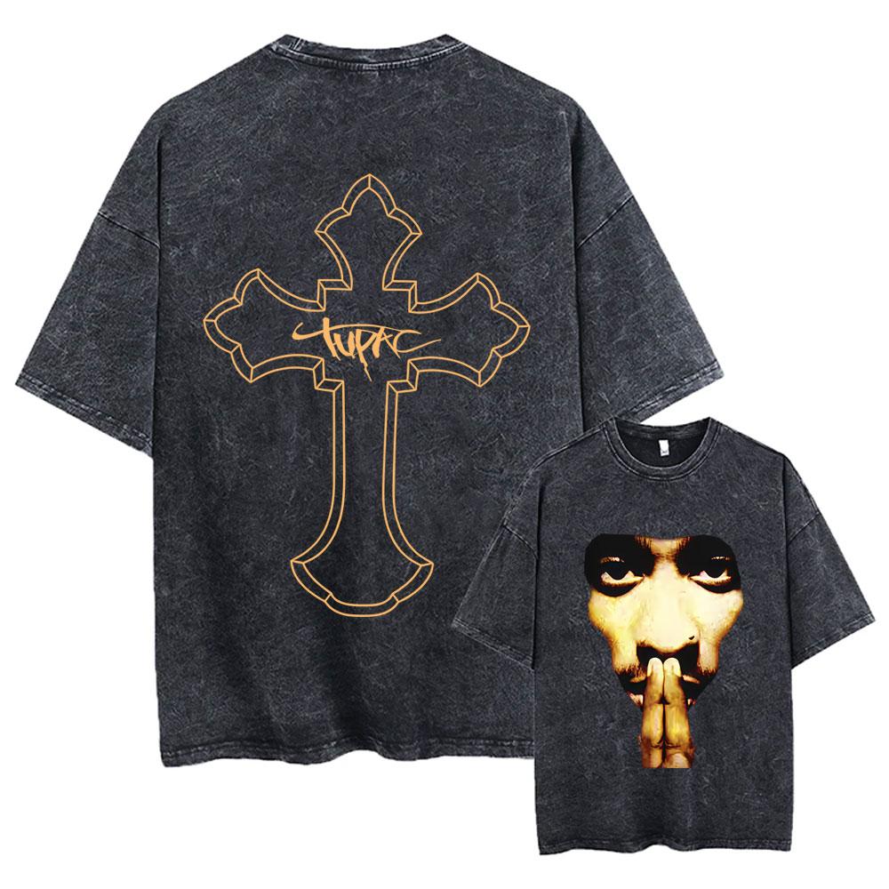 Rapper Tupac 2pac All Eyez On Me Cross Vintage Washed T Shirt Men Hip Hop Fashion Retro Tshirt Mens Casual Oversized Tshirts